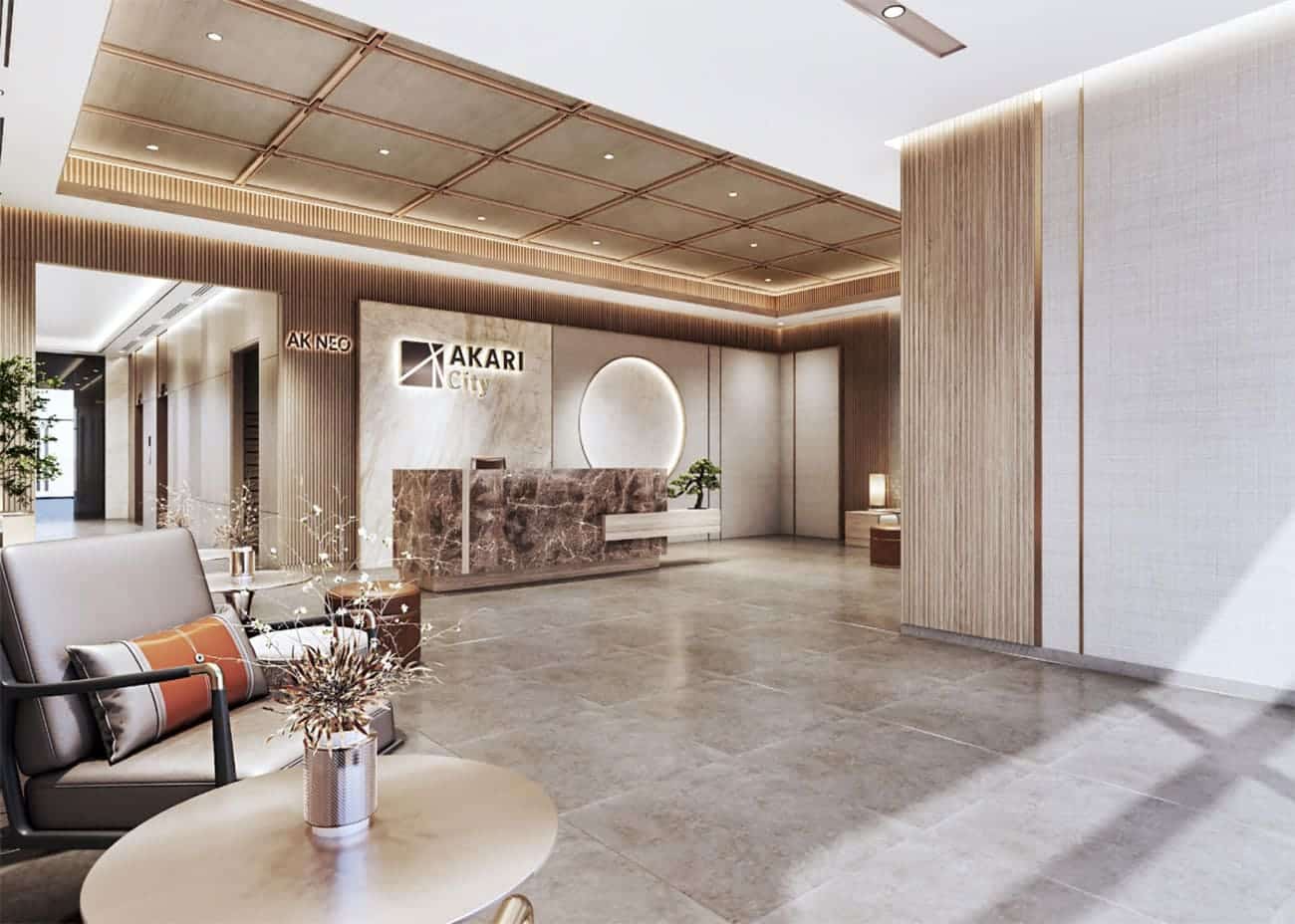Phối cảnh sảnh đón khách tại tòa tháp căn hộ Akari City.