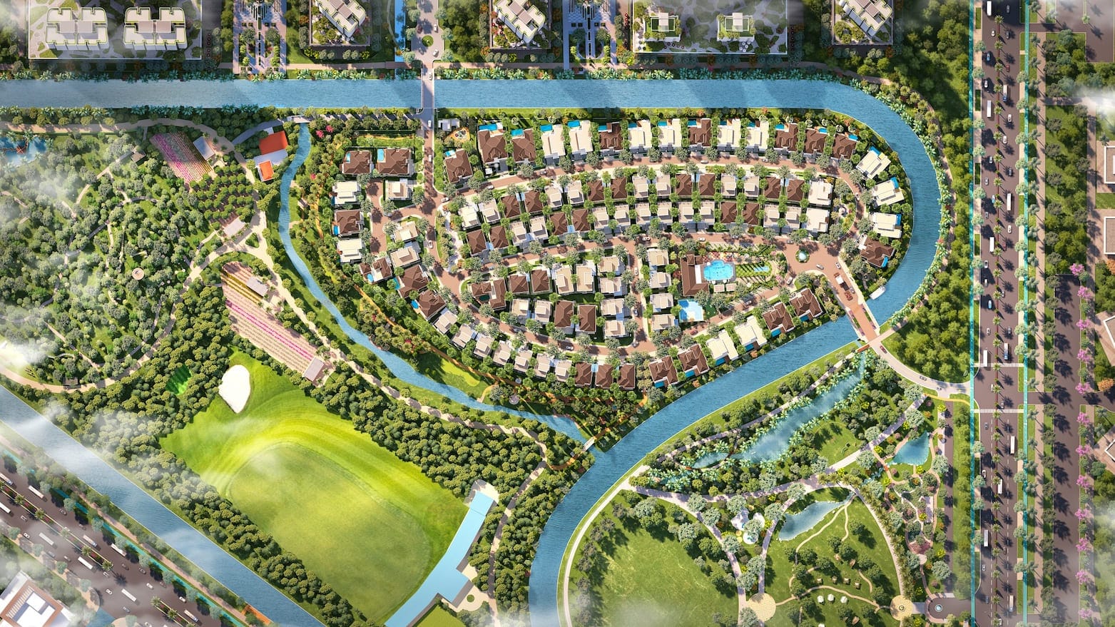 Khu compound Park Village có địa hình như ốc đảo.