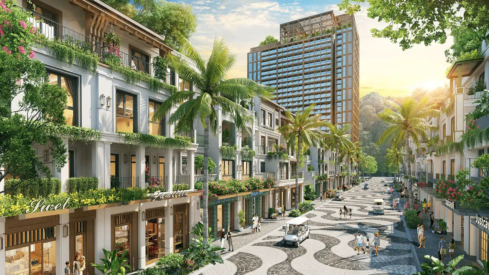 Phố đi bộ nhộn nhịp và các kiến trúc hiện đại tại Xanh Island Cát Bà.