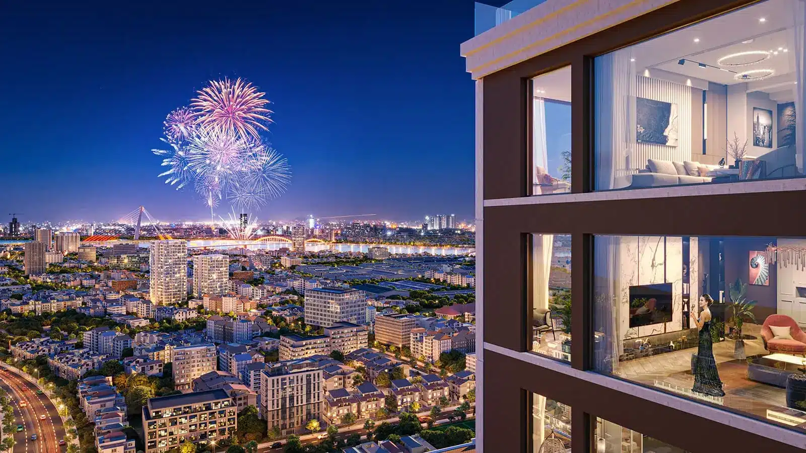 Tận hưởng cuộc sống đỉnh cao tại Sun Costa Residences Đà Nẵng với tầm nhìn pháo hoa rực rỡ từ ban công.